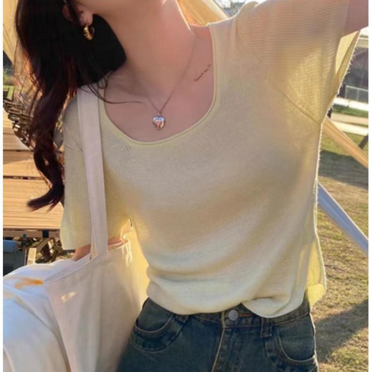 Knit Sweater Women's Short-sleeved T-shirt U-neck Top Design Sense Niche Thin Pink Small Shirt Summer Casual Essential Slim Fit Pullovers Tees