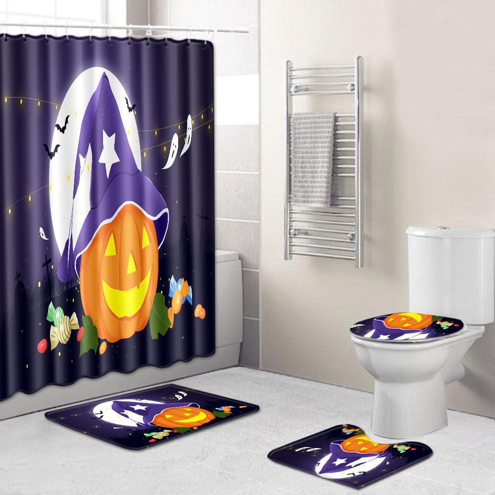 Halloween Shower Curtain Floor Mat Combination Four-Piece Set Bathroom Toilet Carpet Shower Room Foot Mat