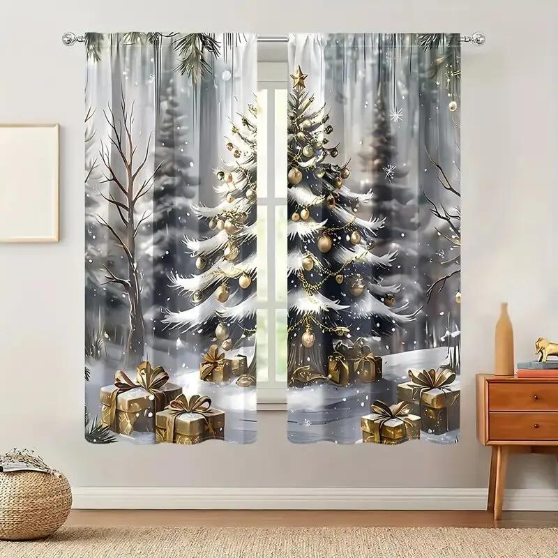 2pcs Elegant Golden Christmas Tree & Gift Pattern Curtains, Designed for Light Blocking, Premium Material, Suitable for Christma