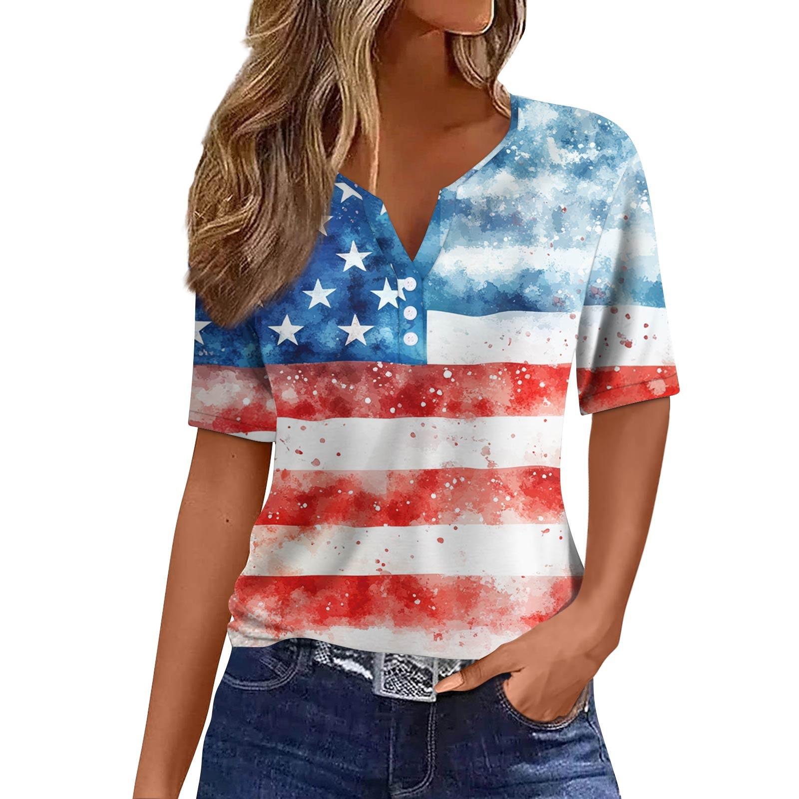

Women s Fashion Casual Independence Day Printed V-Neck Short Sleeve Button Top XL