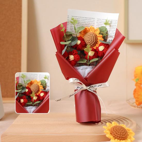 Háčkovaná Kytice Květin s LED Světlem DIY Ručně Pletený Slunečnicový Ozdoba Příze Květinová Dekorace Dárek ke Dni Matek Narozeninám