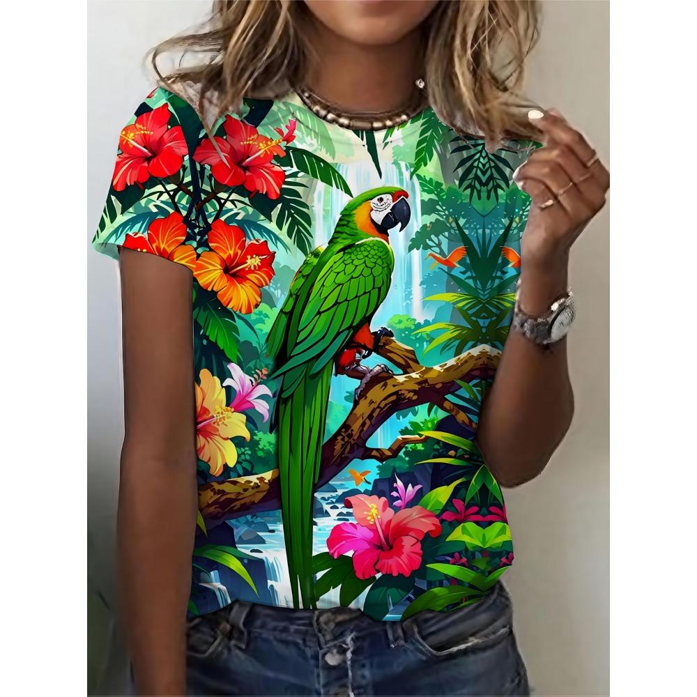 2026 Sommer Rundhals Damen T-Shirt Mode 3D Hawaiianischer Papagei Vogel Druck Kurzarm Cartoon Lässig