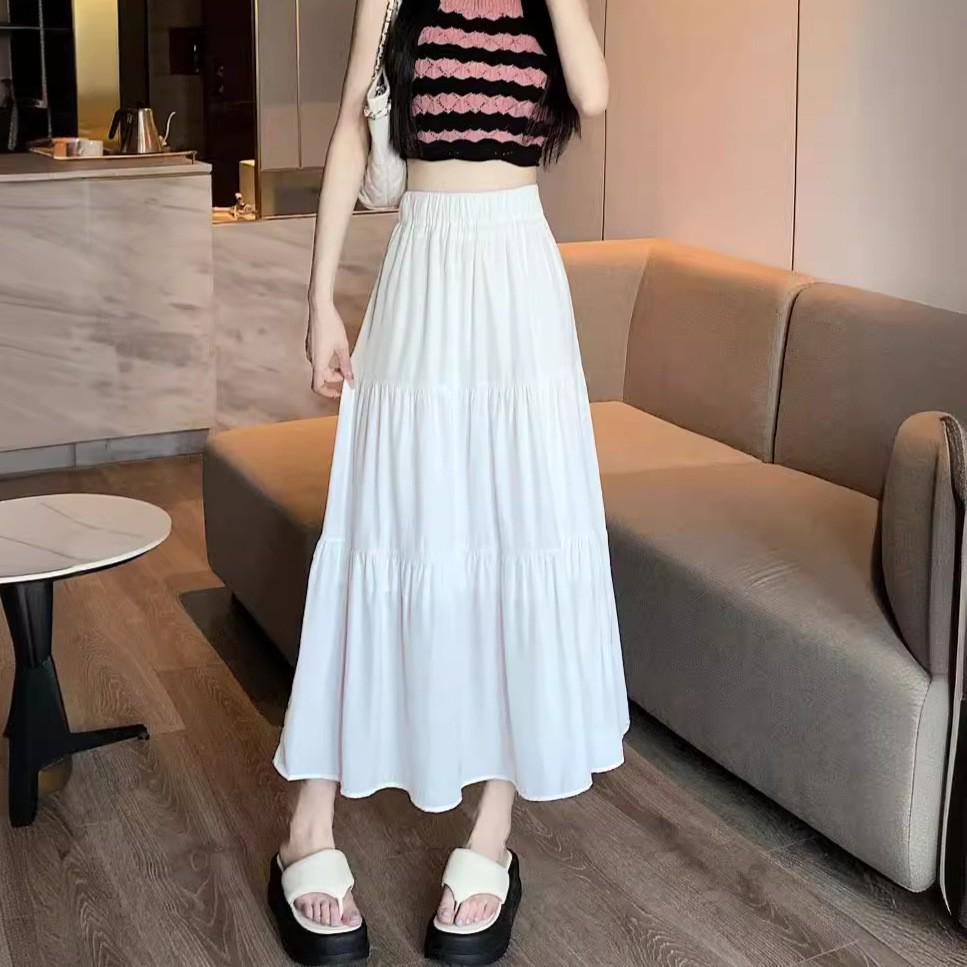 White Women's Skirt 2024: Elastic High-Waist Slim Fit, Medium-Length, Spring/Summer Cake & Umbrella Design
