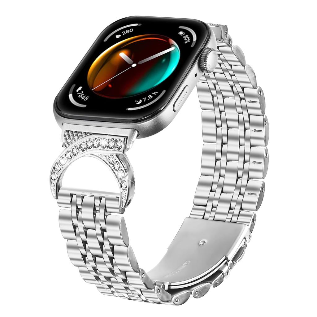 Ремінець для годинника Huawei Watch Fit 4 Pro/Fit 4/Fit 3, сім ланок, з нержавіючої сталі, зі стразами, з'єднувач у стилі бичачого рогу