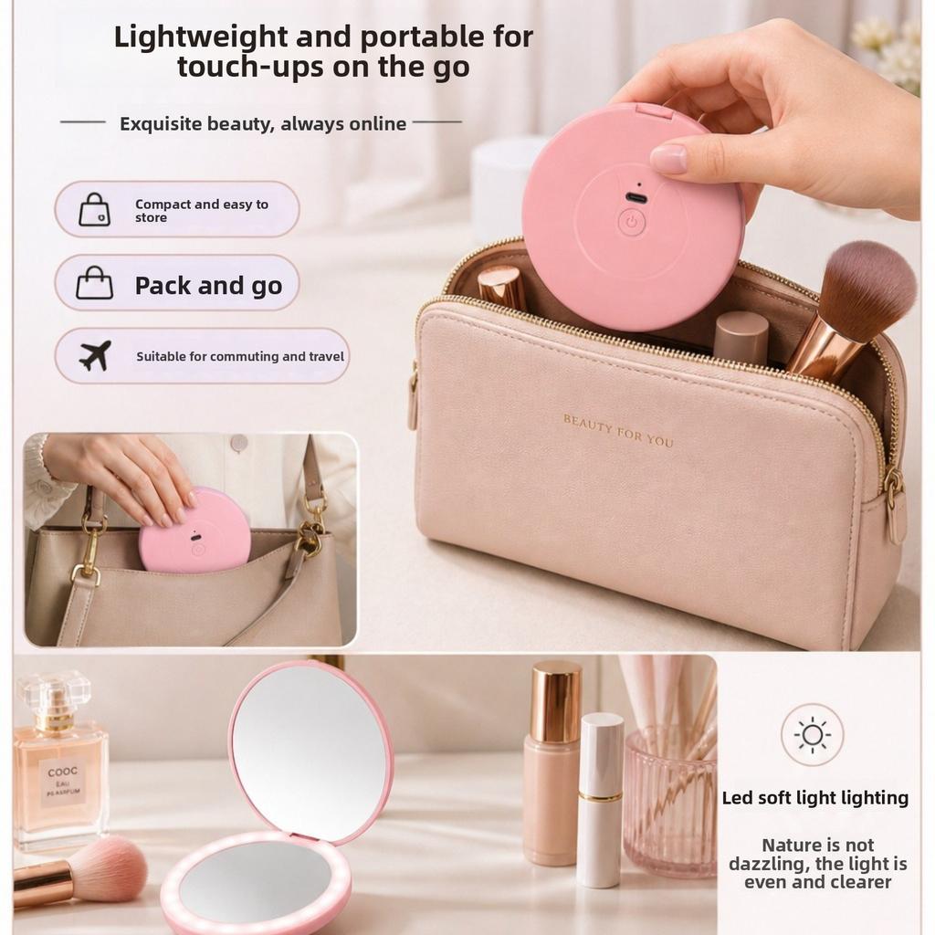 LED Foldable Makeup Mirror 2X Magnification USB Type-C Rechargeable Compact Mirror with Light Portable Travel Cosmetic Mirror for Women