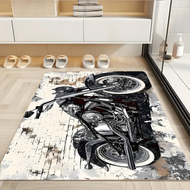 Large Vintage Motorcycle Rug Industrial Style Biker Print Floor Mat Graffiti Decor Chopper Art Runner for Home Living