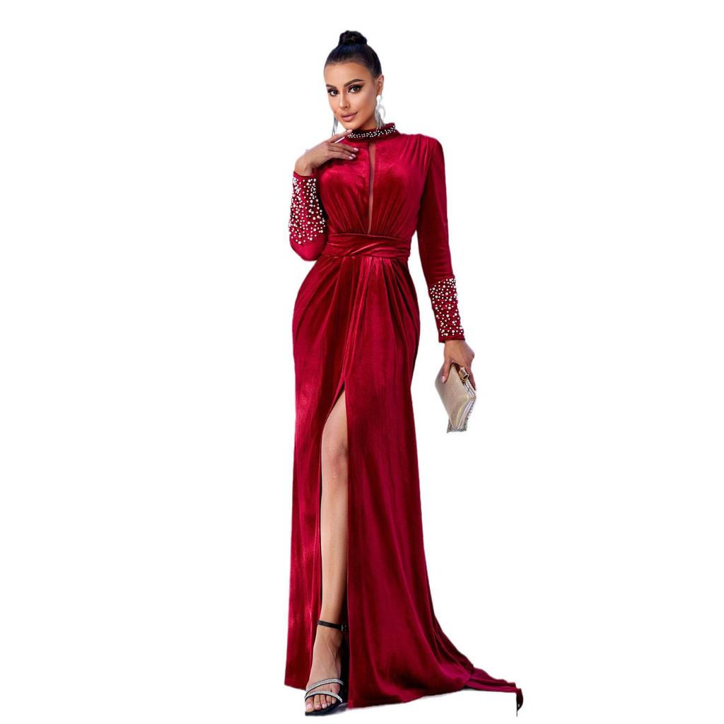 European and American Velvet Round Neck Long-Sleeve Evening Dress