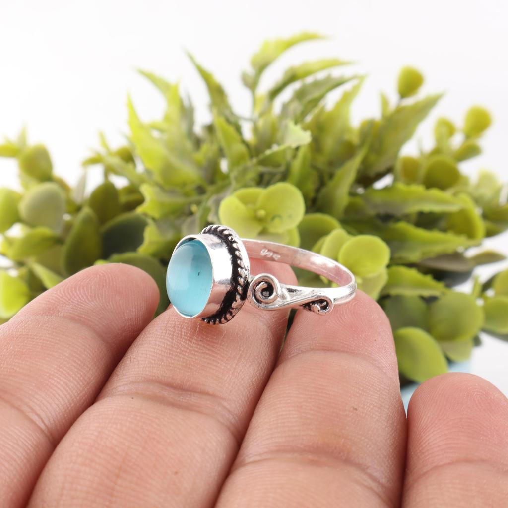 Blue Cat's Eye Gemstone Ring, 925 Sterling Silver Ring Jewelry, Handmade Jewelry Ring, Balancing Jewelry Gift For Women