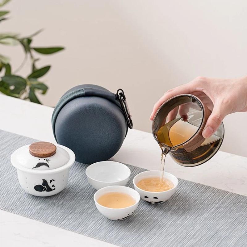 Portable Travel Tea Set with Bag – Ceramic Teapot and 3 Cups for Outdoor Camping & Home Brewing