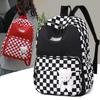 Schoolbag: Durable Checkerboard Backpack for Middle School Students, New Korean Style Backpack, Forest-style Large Capacity, Bear Backpack for Girls