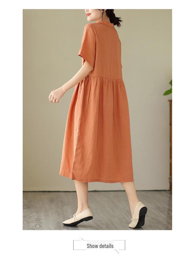2024 Summer Japanese Style Cotton-Linen Polo Collar Midi Dress for Women