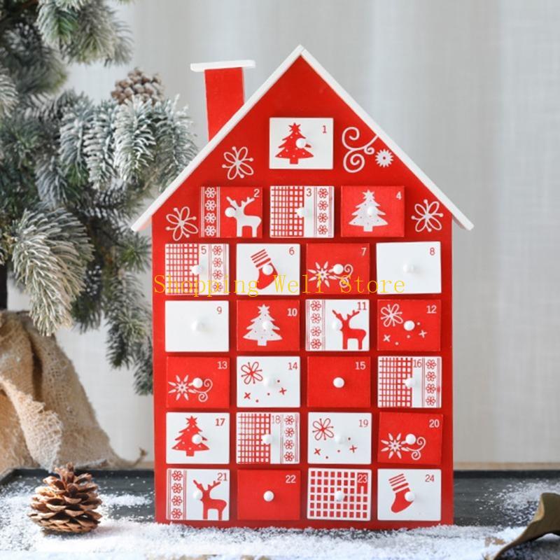 KX4B Christmas Wooden Advent Calendar House with Storage Drawers LED Lighted Countdown Number Ornament Holiday Home Desktop Gift