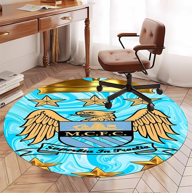 Manchester City FC Pattern Round Rug, Indoor/Outdoor Mat, for Picnic, Gameroom, Bedroom, Office, Living Room, Home Decor Carpet, Birthday Gift