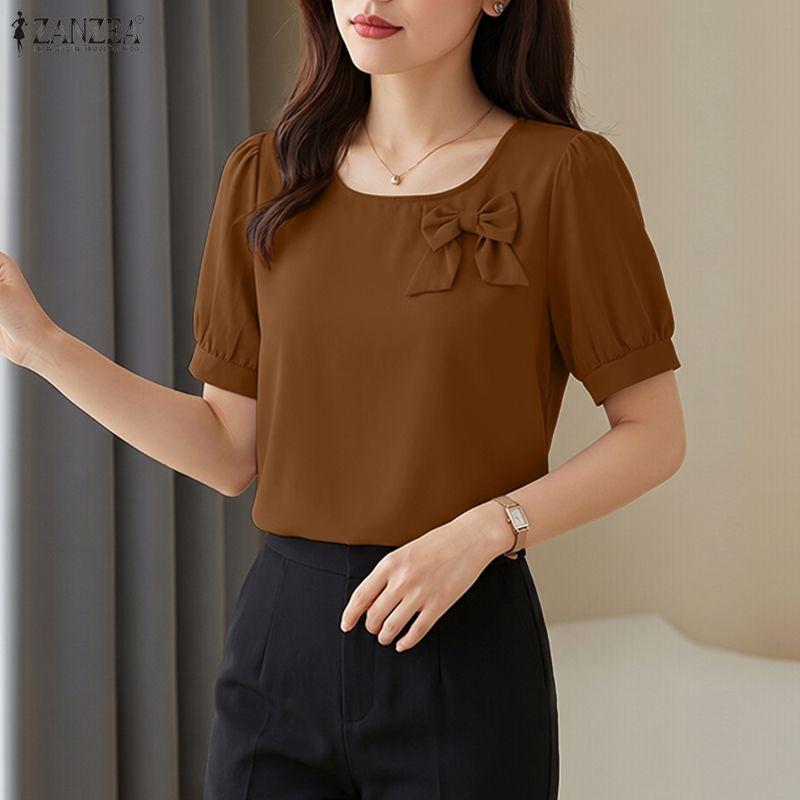ZANZEA Women Casual Round Neck Solid Color Elegant Short Sleeve Blouse