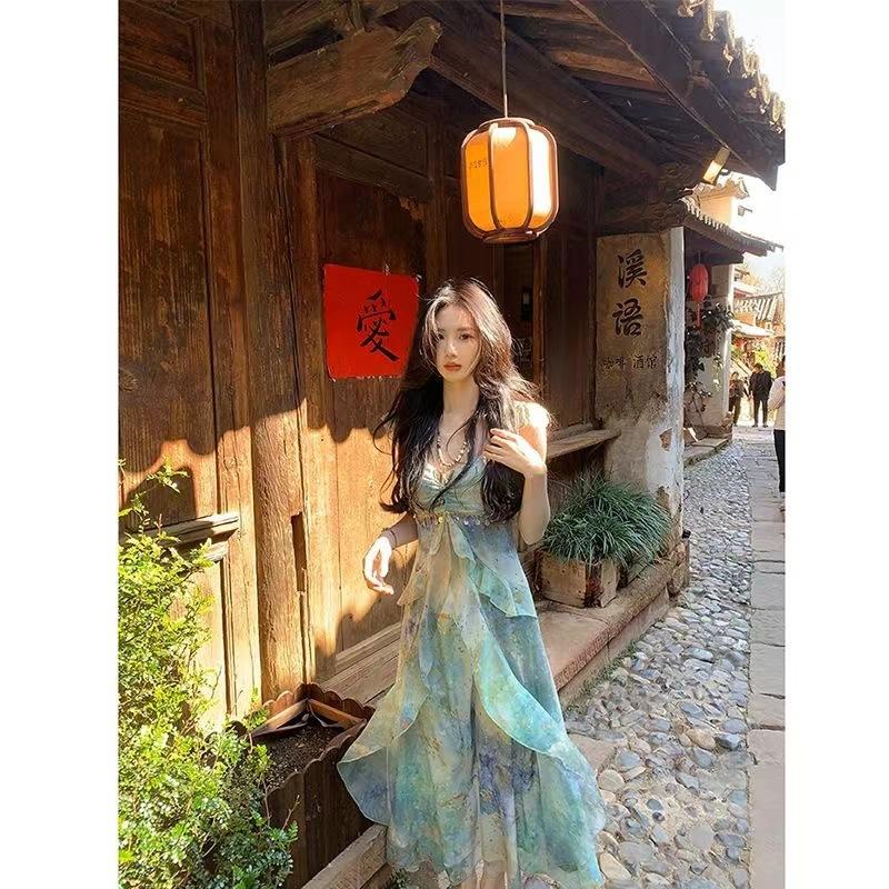French Forest Floating Summer Temperament Vacation Suspender Dress Smudged Summer New Waist Skirt New Fashion