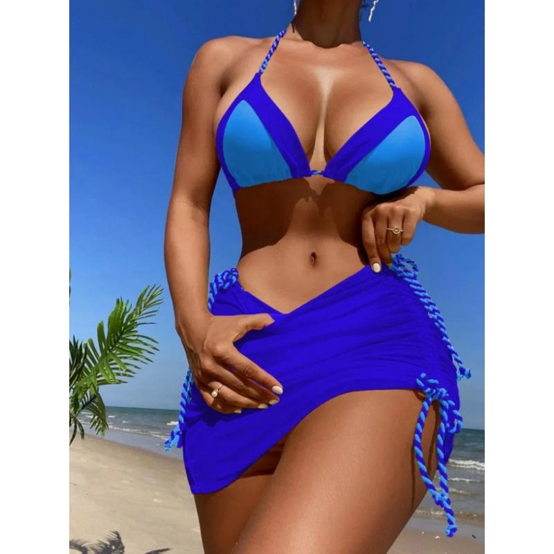2025 Schwarzer Neckholder String 3-teiliger Bikini String Rock Badeanzug Damen Bademode Weibliche Badende Baden Schwimmen Badeanzug Strandbekleidung