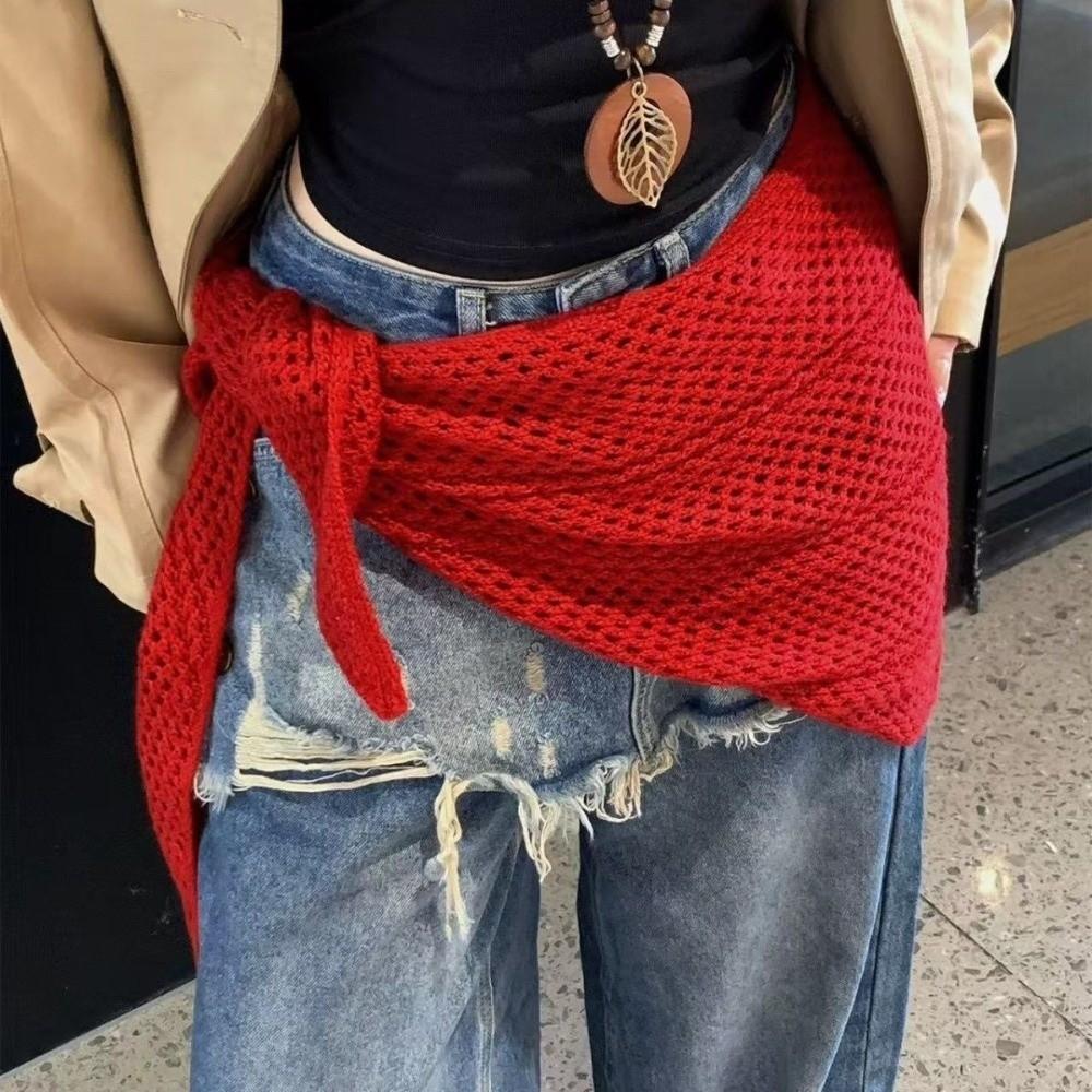 2 in 1 Design Hollow Out Shawl Lightweight Mesh Triangle Shawl Waist Wrap Belt  Fall Winter