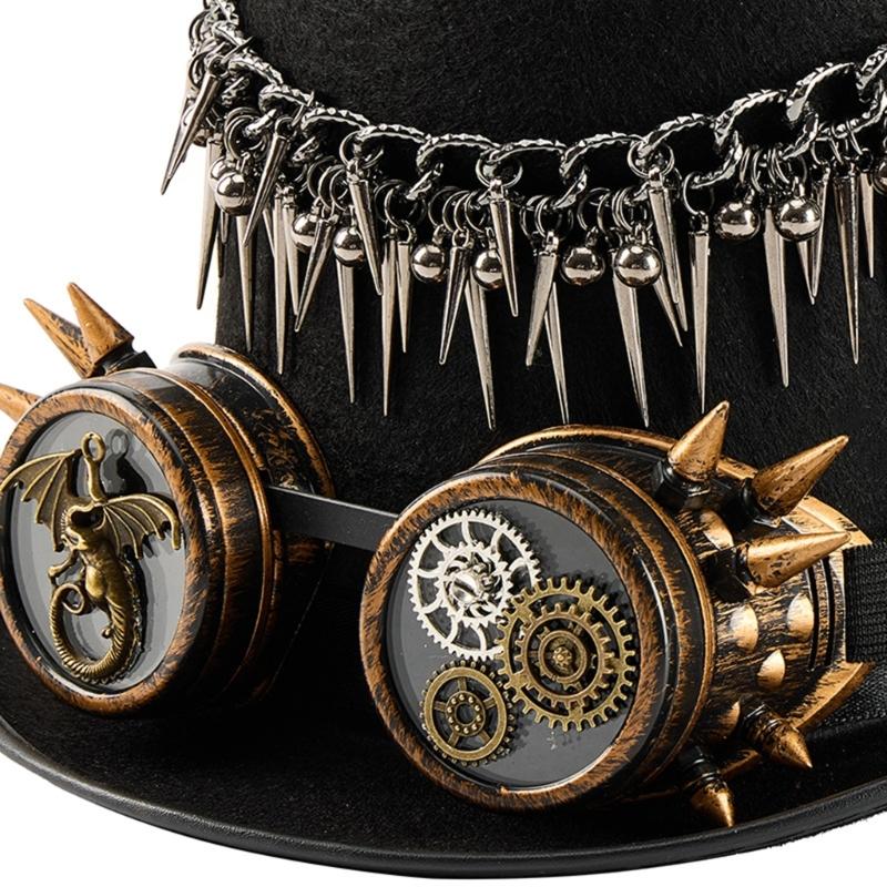 Steampunk Top Hat With Detachable Goggles Rivets Fringe Gear Decors Tall Hat For Halloween Costume Party Accessories