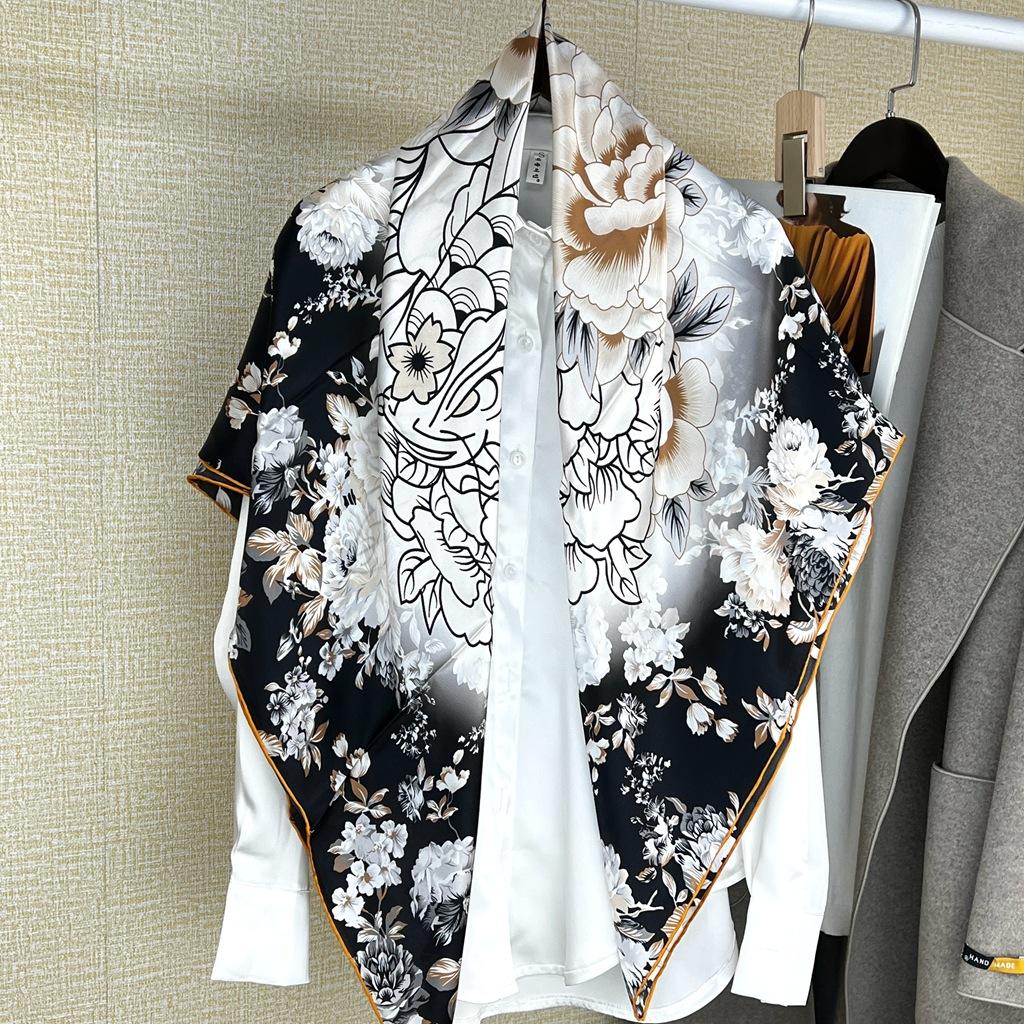Silk Scarf Femininity Flowery Four-Season Versatile Mulberry Silk Square Scarf Elegant Light Luxury Multi-Functional Shawl