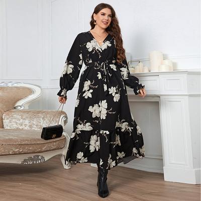 Plus Size Summer Women Dress Wraped V Neck Swing Dresses Waist Belt Floral Pring Robe Ruffle Hem Long Sleeves Female Sundress