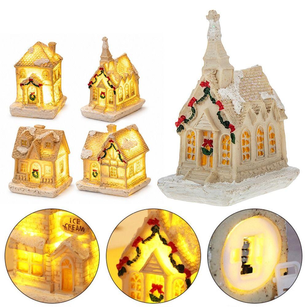 Battery Powered Snow House Figurine Resin Christmas Night Light Bedroom Night Light