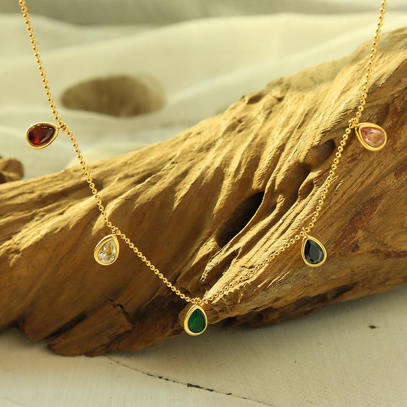 1 Pcs French Ins Style Colorful Zirconia Pendant Necklace Women Collarbone Chain Titanium Steel Not Lose Color Zircon