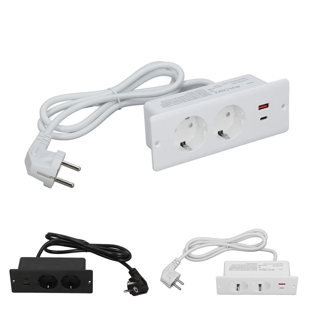 Recessed Socket 2 Outlets with PD20W USB C USB A Port Embedded Furniture Power Strip 1.5m Cord