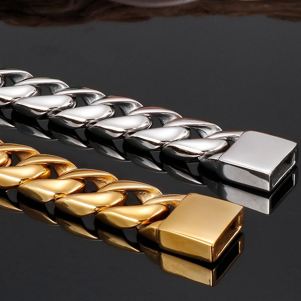 Luxus Nie Verblassende Goldfarbe Edelstahl Cuban Link Herrenarmband für Männer Hochglanzpolierte Hip Hop Kette Mode Herrenaccessoire