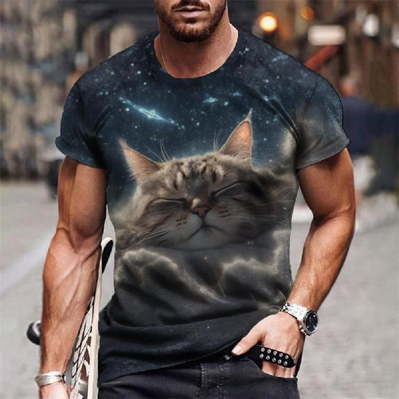 Sternenhimmel Katze Universum Muster Herren T-Shirts Lustiges Tier 3D Druck T-Shirts Sommer Harajuku Kurzarm O-Ausschnitt Oberteile