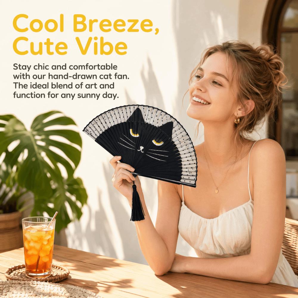 Bamboe Houten Frame Vouwventilator Kattenpatronen Handgemaakte Ventilator Prachtige Zijden Ventilator Woondecoratie