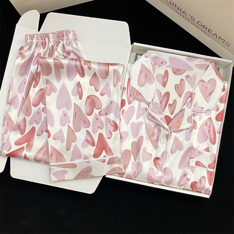 Ice Silk Pajamas Women'S Spring And Summer New Sweet Love Long-Sleeved Simple Wind Loungewear Set Real Shot