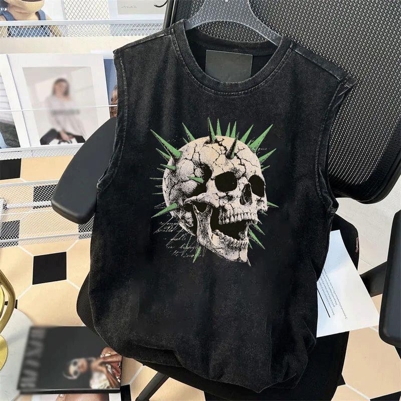 Heavy Pure Cotton Sleeveless T-shirt Men's Summer Large Size Loose Retro Ruffian Handsome Dark Wind Washed Old Vest