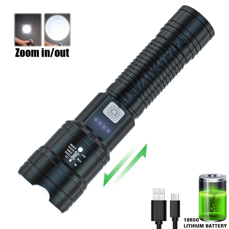 Built in Battery LED Powerful Flashlight USB Rechargeable Power Display Screen Outdoor Camping Portable Torch Emergency Lighting