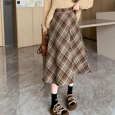 Damen Midi Rock Hohe Taille A-Linie Wollrock Karomuster Figurbetonender Mid-Calf-Rock Täglich Zuhause Streetwear