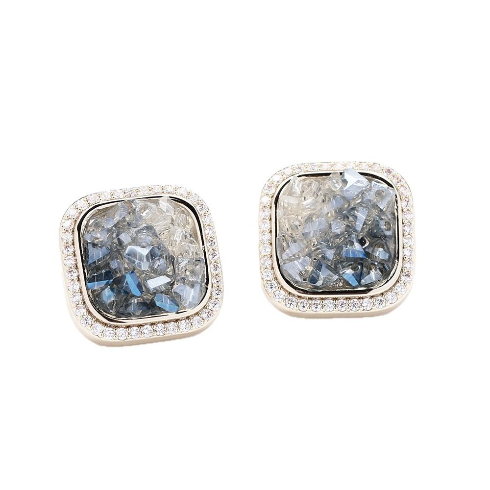 High-end niche faceted particle crystal earrings, blue gradient color, geometric gold-plated stud earrings, 925 silver needle earrings