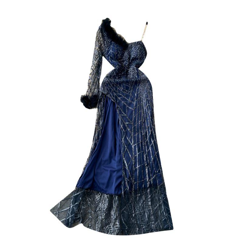 Sloping Shoulder Dress Ins Feather Sequins Long Dress