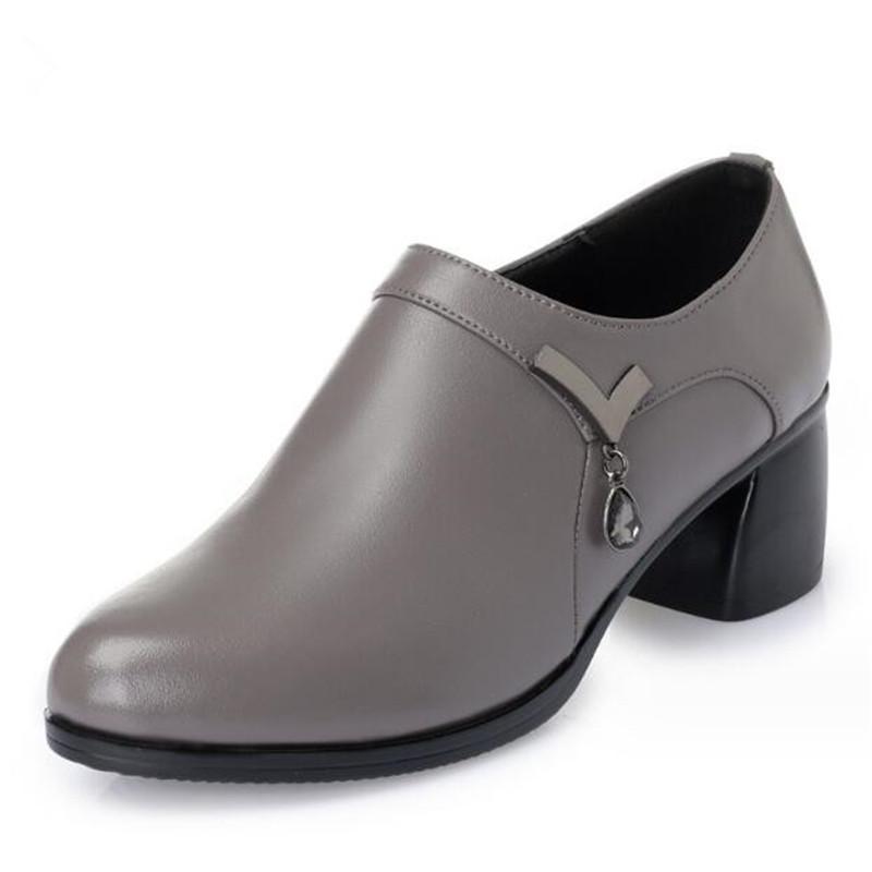 Genuine Leather Block Heel Deep Mouth Pumps Women Shoes Spring Autumn Female High Heels Shoes Ladies Office Party Shoes