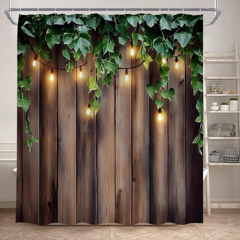 Vintage Brick Wall Green Leaves Shower Curtains Rustic Vine Plant Leaf Grey Stone Polyester Fabric Bathroom Curtain Decorative