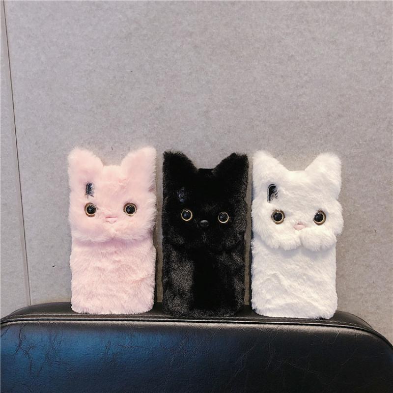 3D Cute Cartoon Cat Furry Plush Phone Case For iPhone 17 Air 15 14 13 12 mini 11 16 Pro Max XS XR X 6 7 8 Plus Shockproof Cover