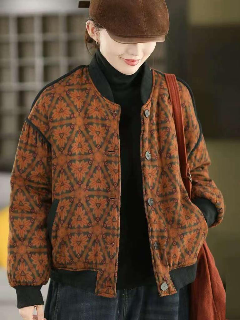 Johnature Women Vintage Print Floral Jackets Button Long Sleeve Winter Coats Warm Winter Casual Female Jackets