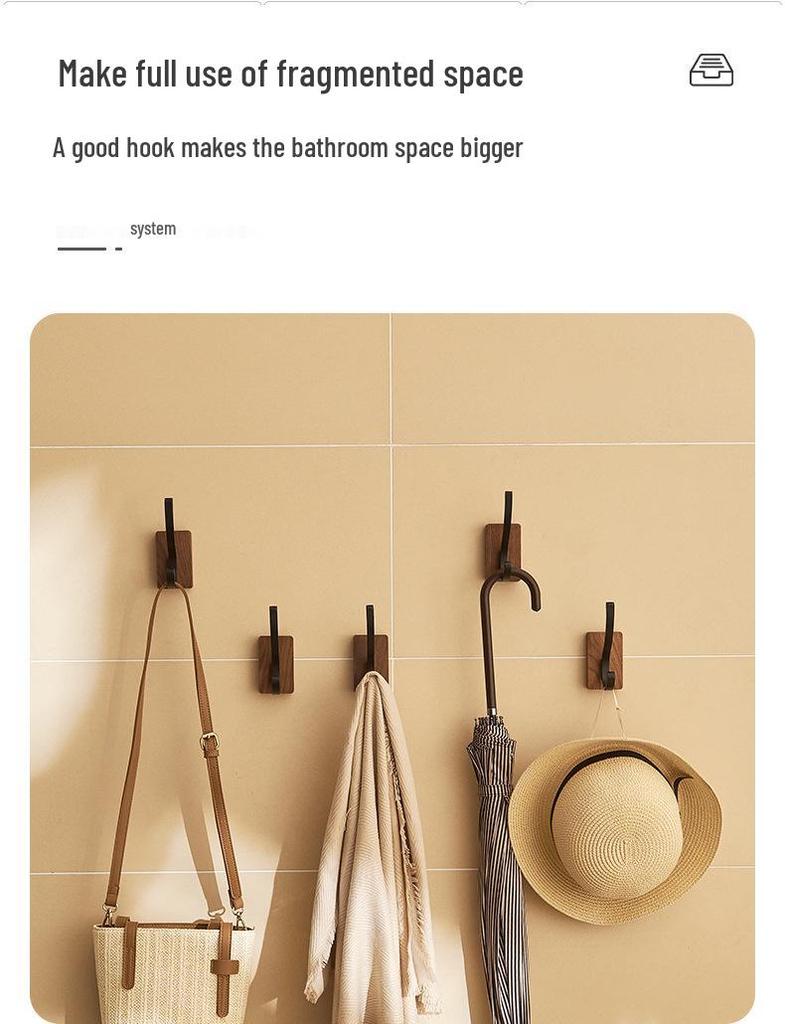 Walnut Bathroom Wall-Mounted No-Drill Adhesive Hook, Solid Wood & Space Aluminum