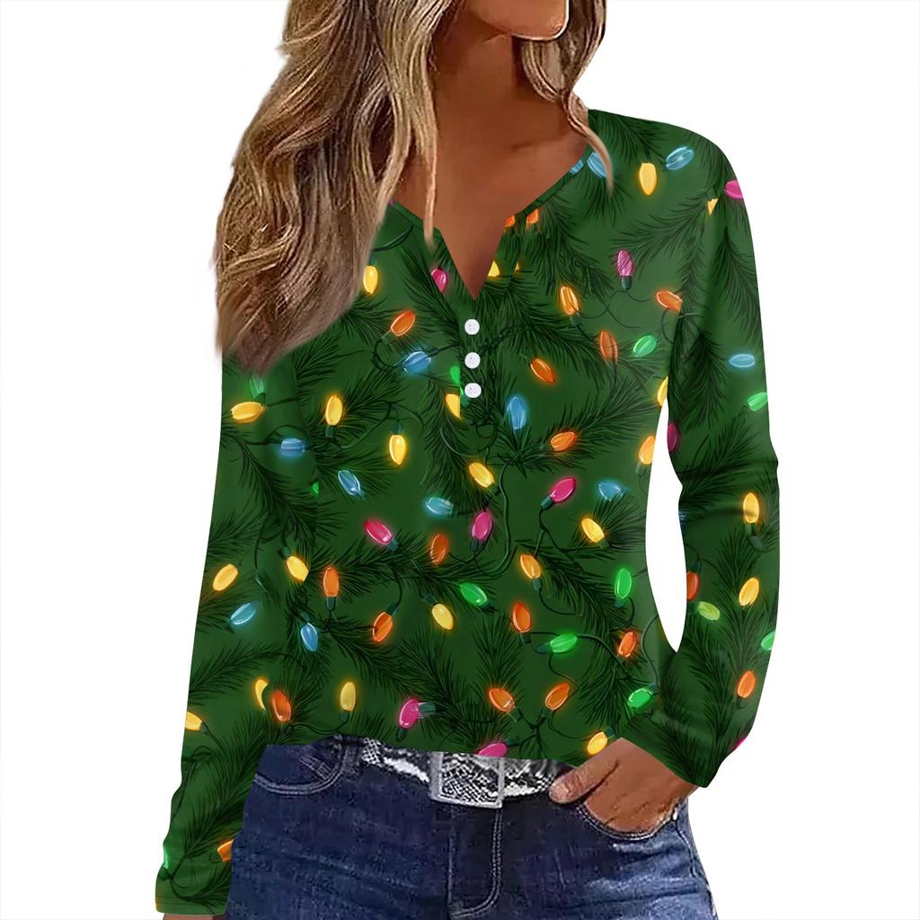 Women's T Shirt Tee Christmas Print Button Long Sleeve Daily Weekend Fashion Basic V- Neck Regular Top