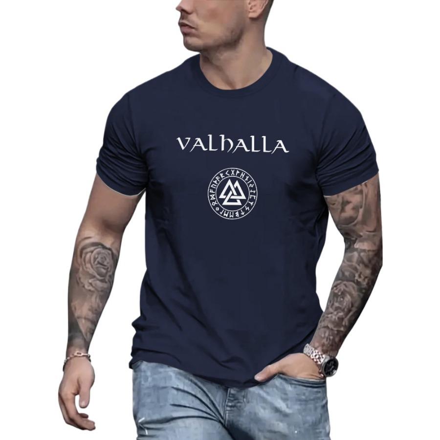 Mens Valhalla Nordic stylecasual round neck cotton shortsleeved Tshirt printed with Nordic warrior logo and axe pattern