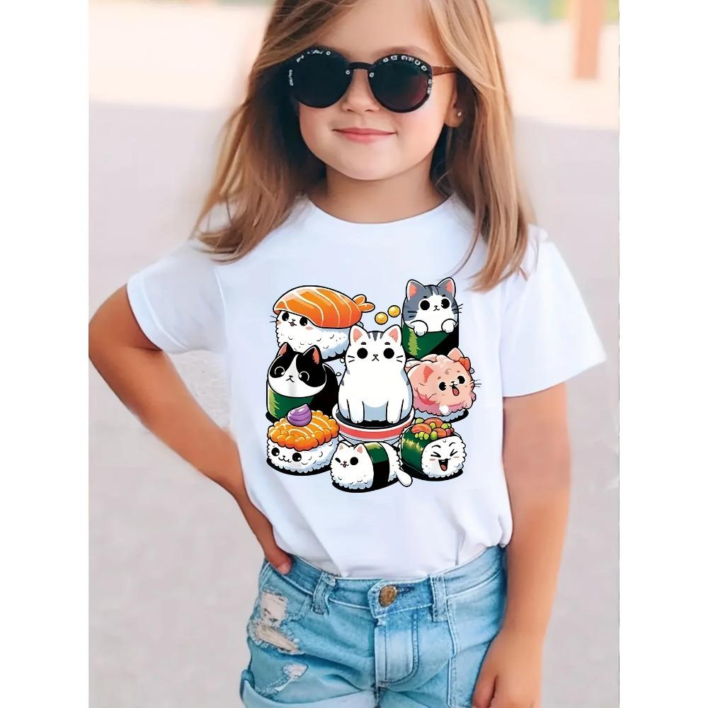 Children's Clothing Summer T-shirt Cat Print Top Casual Short Sleeved T-shirt Fashionable Girl T-shirt Round Neck Children's Clothing