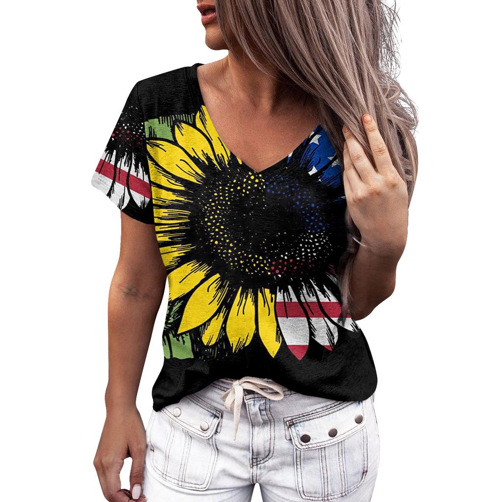 Summer Women Floral Print V Neck Short Sleeve Loose 3D T Shirt