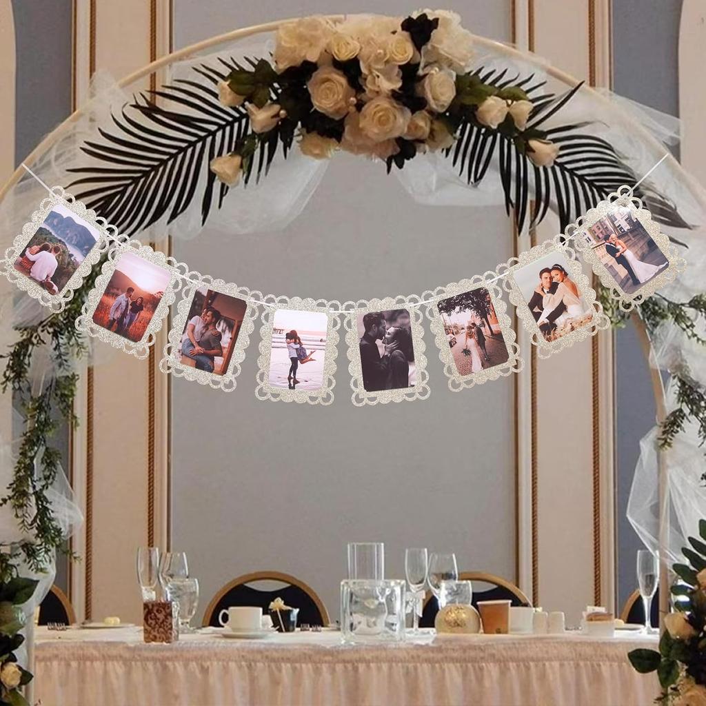 Golden Photo Banner for 4x6 Inch Pictures – 8 Pcs Hanging Photo Frame Banner for Bridal Shower, Engagement, Birthday, Wedding Decorations, Gold