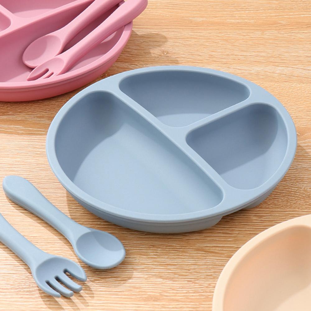 Silicone  Plates for Babies Toddlers Self Feeding Baby Plate with Silicone Spoon & Fork BPA Free