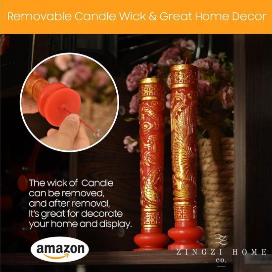 Chinese Dragon and Phoenix Wedding Candles Red Traditional Double Happiness 1 Pair, 9.84 Inch Tall x 2 Inch Diameter, Great for Chinese Weddings