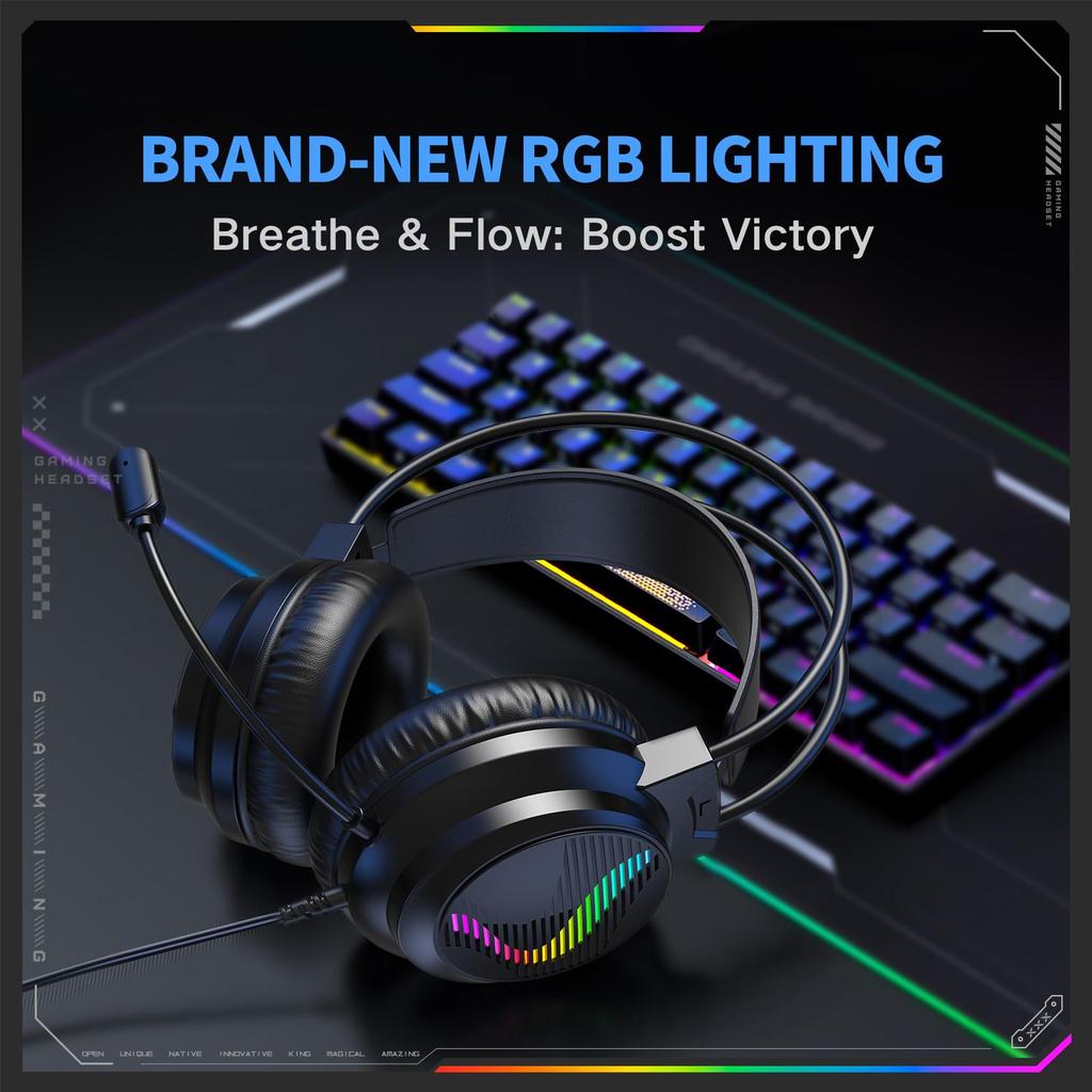 Wired Gaming Headset with RGB Light, 50mm Driver 360° Bendable Noise‑cancelling Mic 3.5mm USB Gaming Headphones for PC PS4 Xbox One
