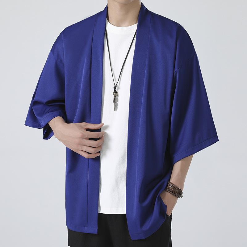 2023 Men's Casual Chinese Style Ice Silk Cardigan - Solid Color, Loose Fit, Three-Quarter Sleeves